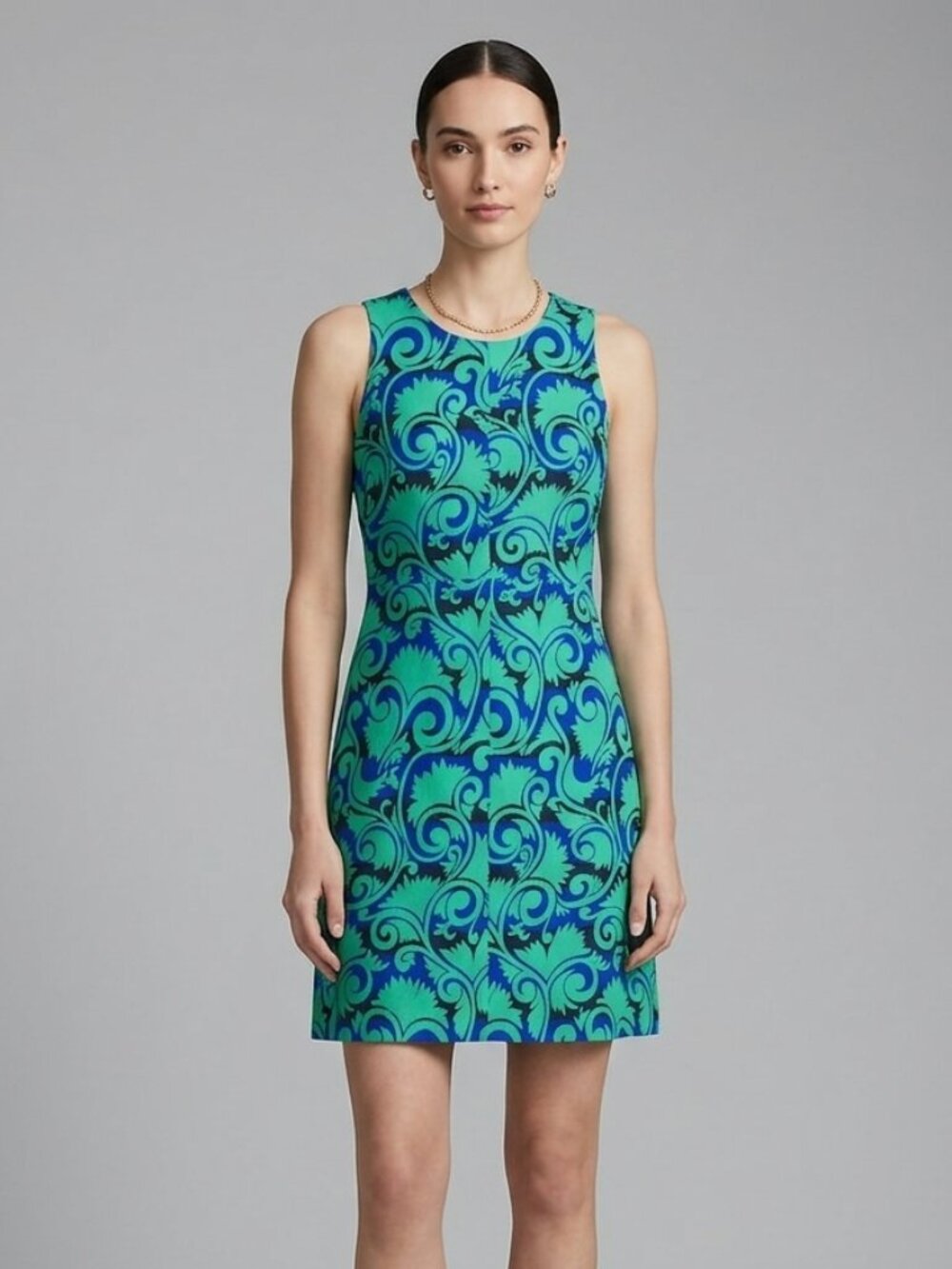 J.Crew Vineyard Jacquard A-Line Dress Size 2 Tall Green Blue Sleeveless Keyhole